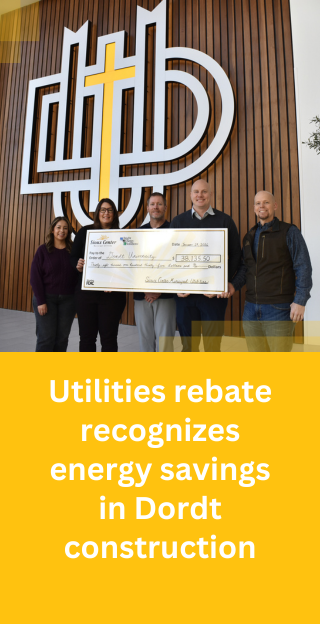 Utilities deliver rebate check to Dordt University for energy-saving choices